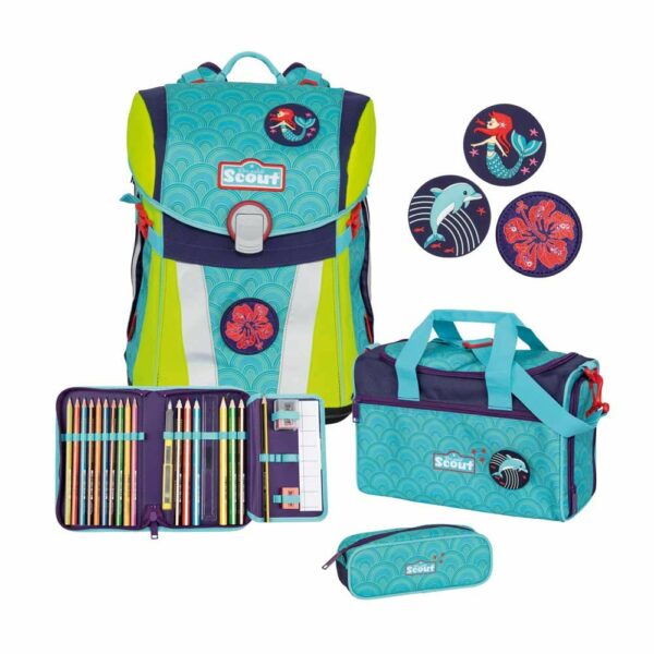 Scout Schulrucksack Sunny Set 4tlg. DIN Funny Snaps Wellenspiel Kombi