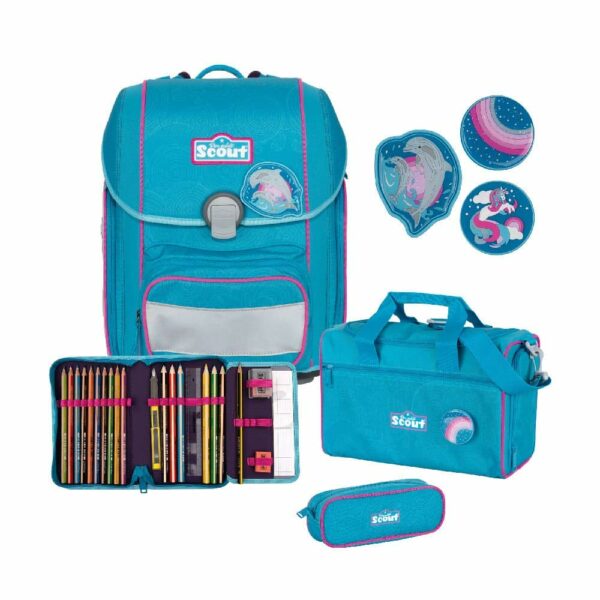 Scout Schulrucksack Genius Set 4tlg. Dolphins Funny Snaps Türkis