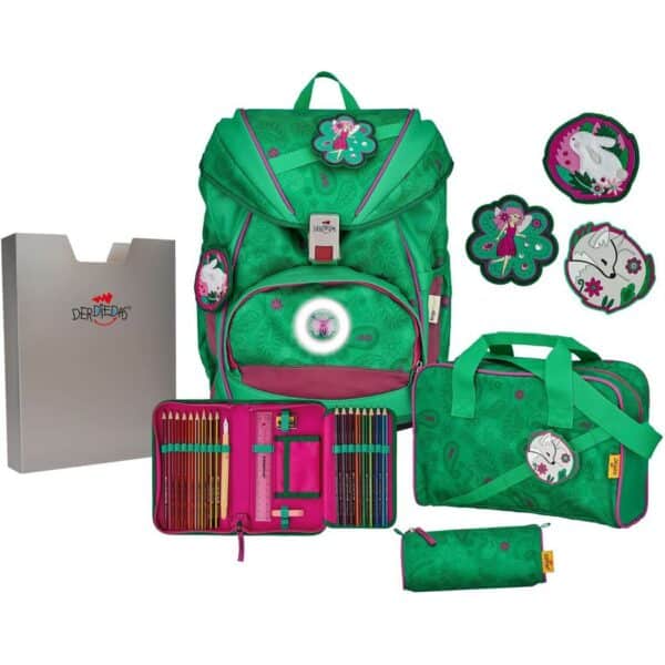 DerDieDas Schulrucksack ErgoFlex Max Set 5tlg. LED Paisley Green Grün