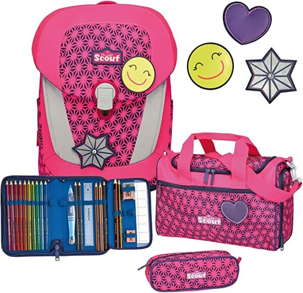 Scout Schulrucksack Sunny II Set 4tlg. Neon Safety Pink Glow Funny Snaps Pink